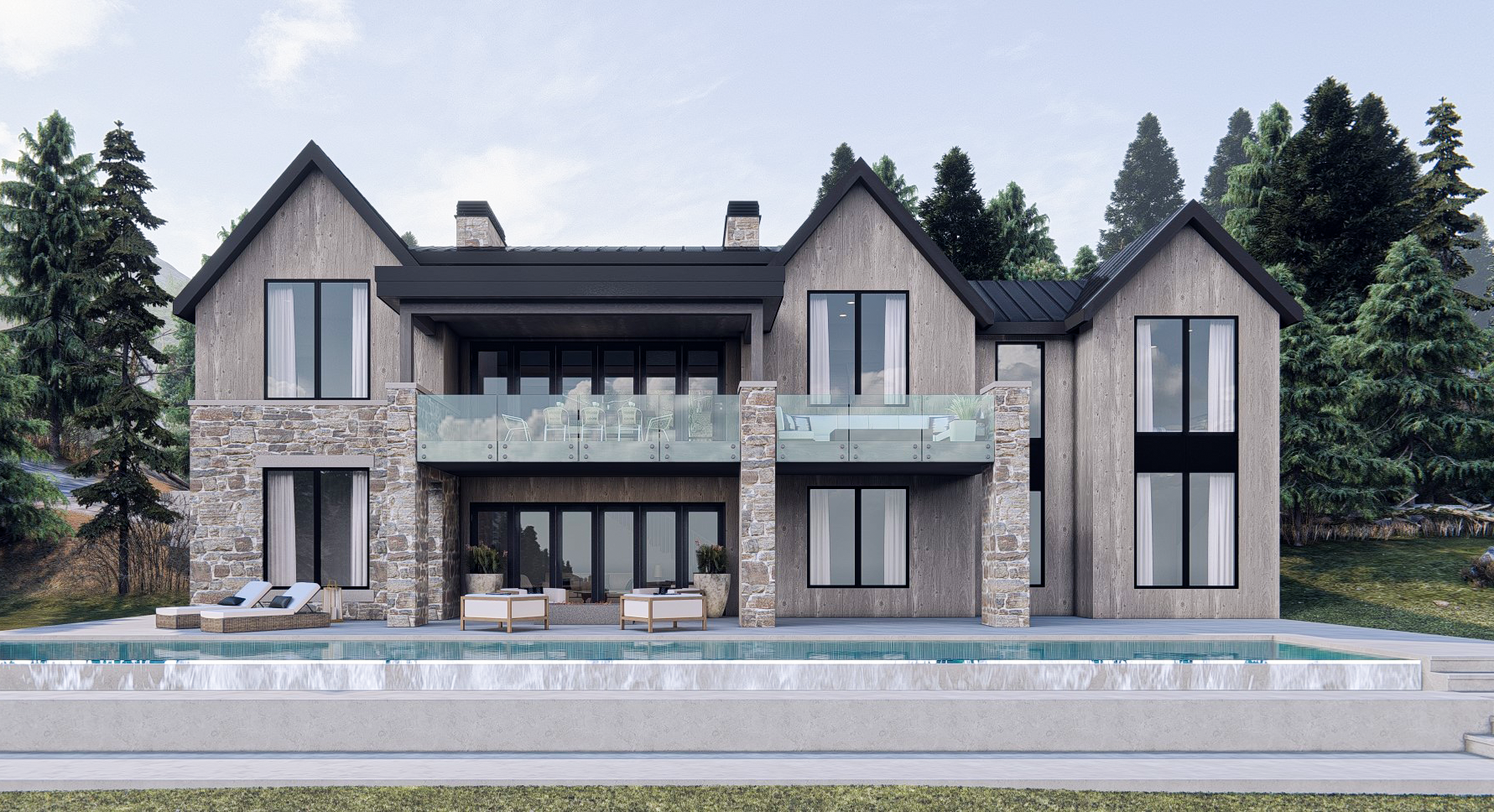The back of the home features a infinity pool and second floor balcony